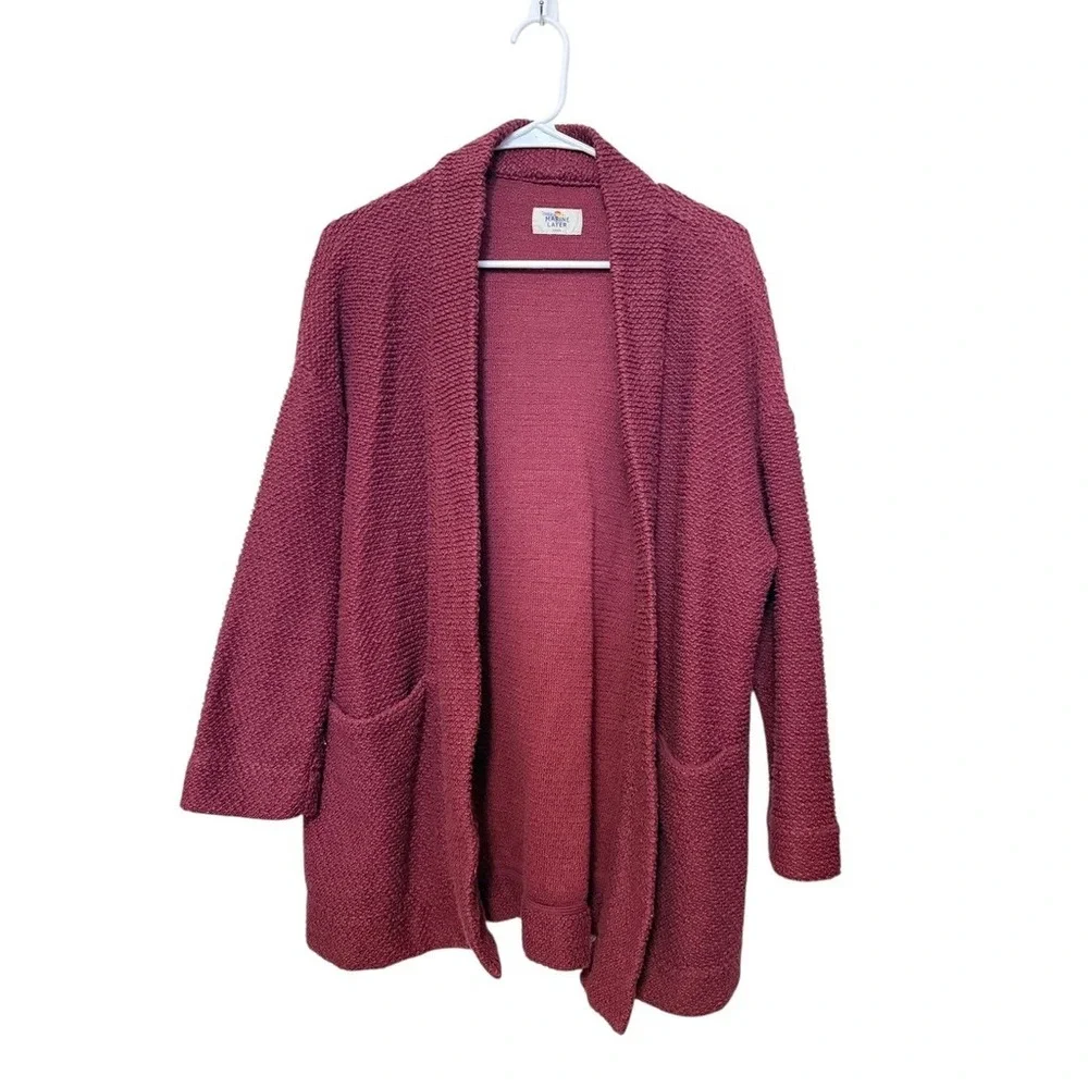 Marine‎ Layer Birdseye Knit Textured Open Front Cardigan Burgundy Women's Large